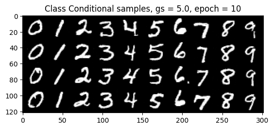 Class-conditioned sampling results after epoch 10